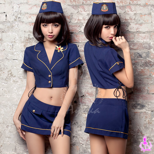 海軍藍短版俏麗三件式空姐角色扮演服