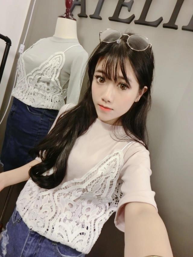 純色蕾絲吊帶兩件套T恤女新款夏季韓版百搭修身外穿短袖上衣