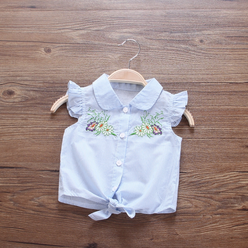 女童夏裝嬰兒襯衫女0-1歲寶寶條紋翻領襯衣小童短裝飛袖上衣