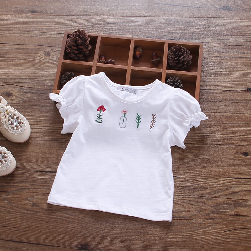 女童夏裝寶寶短袖t恤新款白色繡花上衣嬰兒純棉泡泡袖打底衫