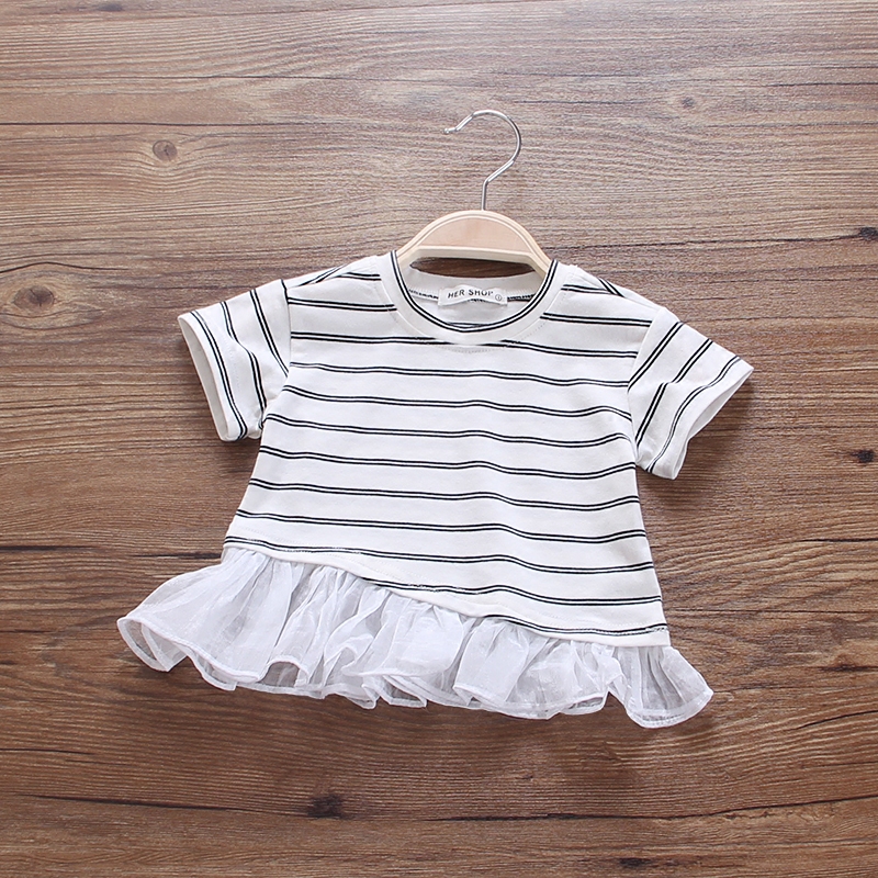 女童寶寶短袖t恤夏裝拼接網紗小童上衣服純棉嬰兒條紋打底衫